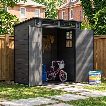 6 x 4 ft Plastic Garden Storage Shed with Pent Roof & Lockable Double Doors