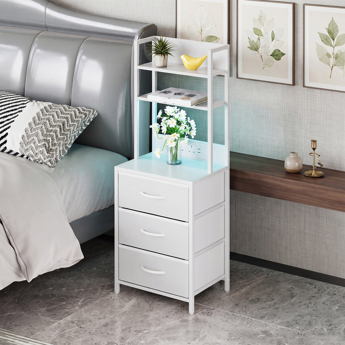 3-Drawer Nightstand with Charging Station & RGB Light Strip