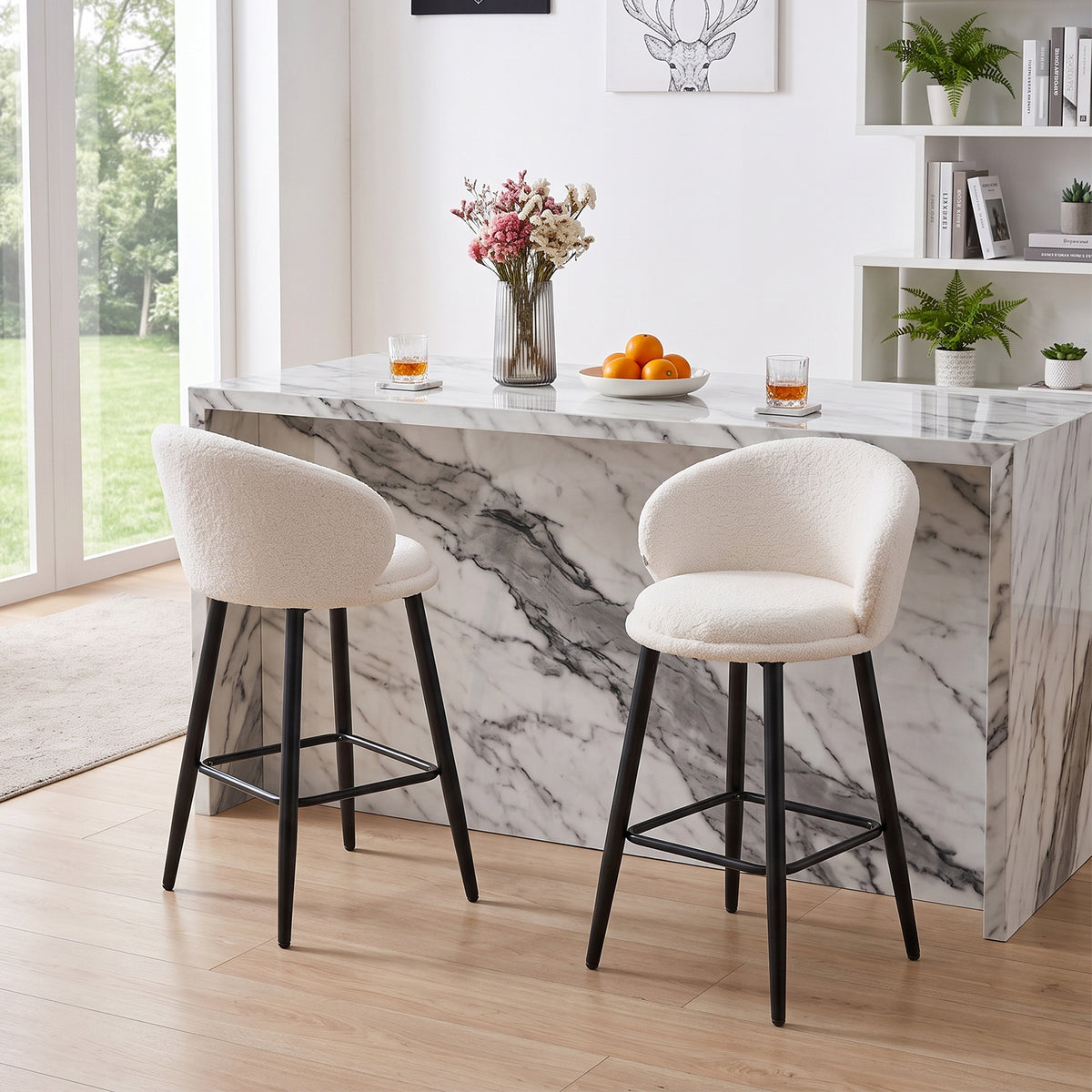 Set of 2 Sherpa Fleece Upholstered Bar Stools