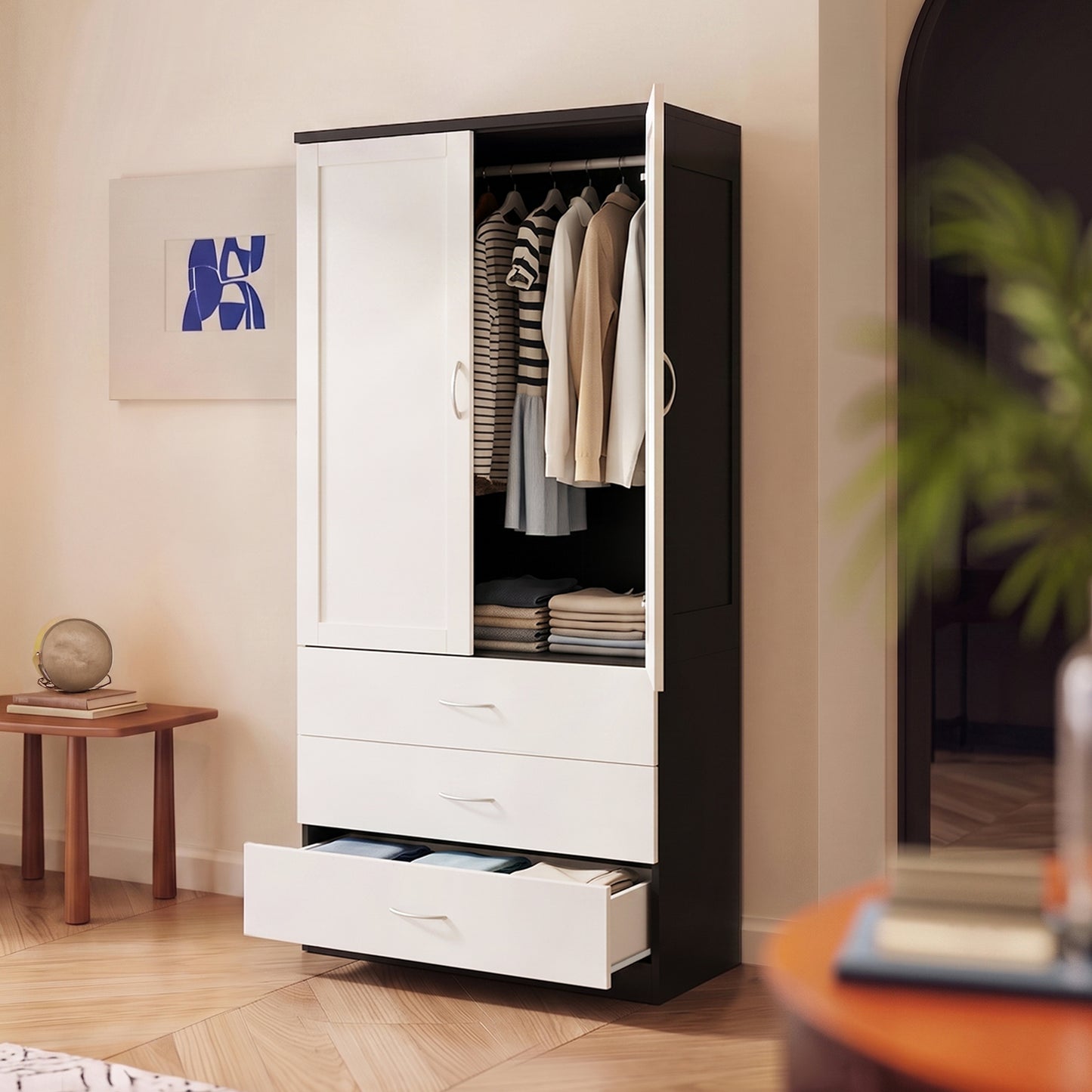 2-Door Wardrobe with 3 Drawers & Hanging Rail