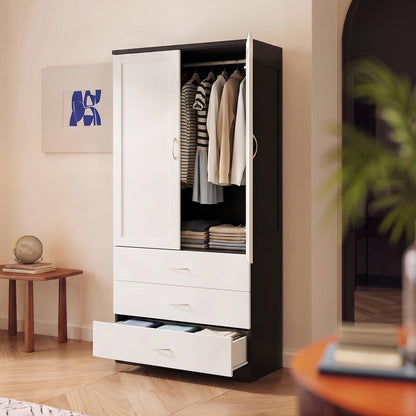 2-Door Wardrobe with 3 Drawers & Hanging Rail