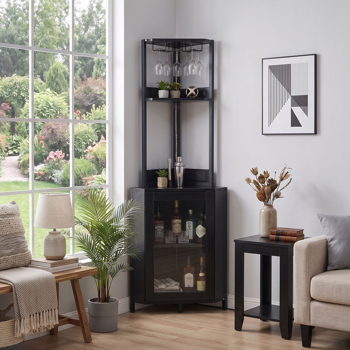 Industrial Tall Corner Bar Cabinet with Power Socket & LED Lighting