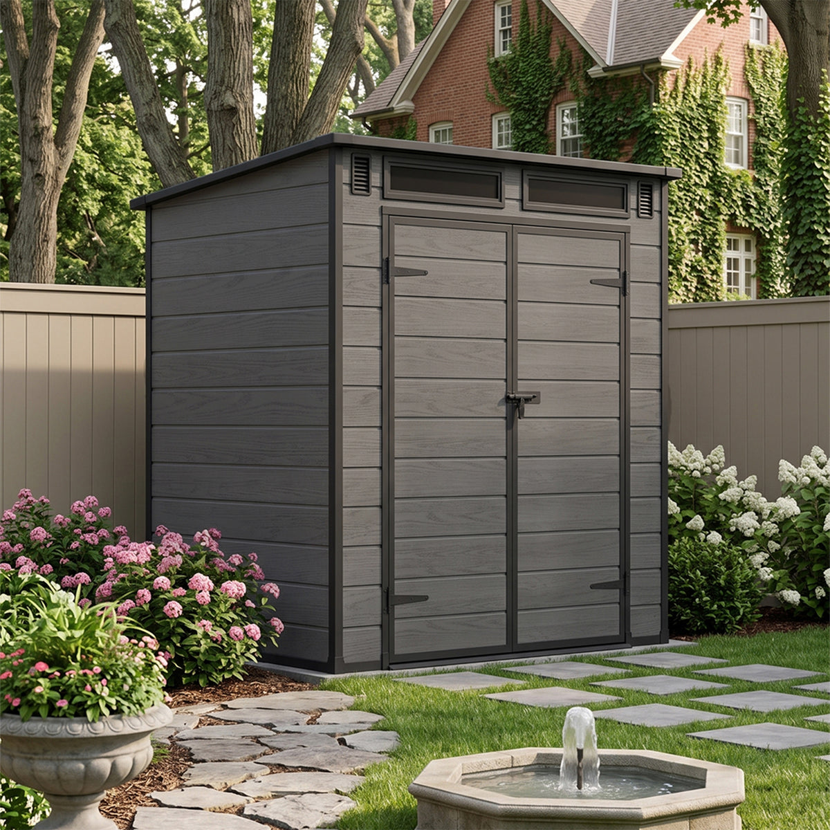 6 x 4 ft Plastic Garden Storage Shed with Pent Roof & Lockable Double Doors