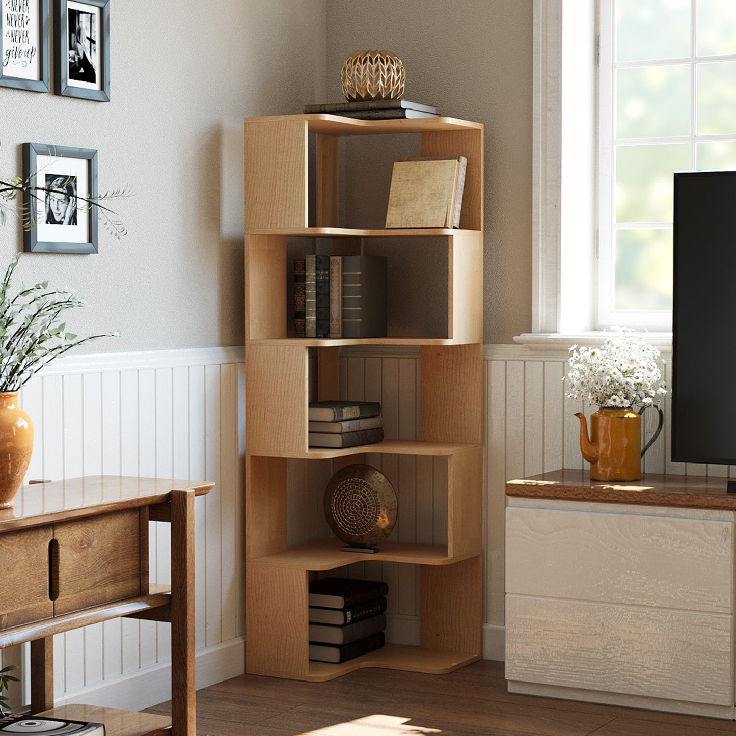 5-Tier Wooden L-shaped Corner Storage Shelf