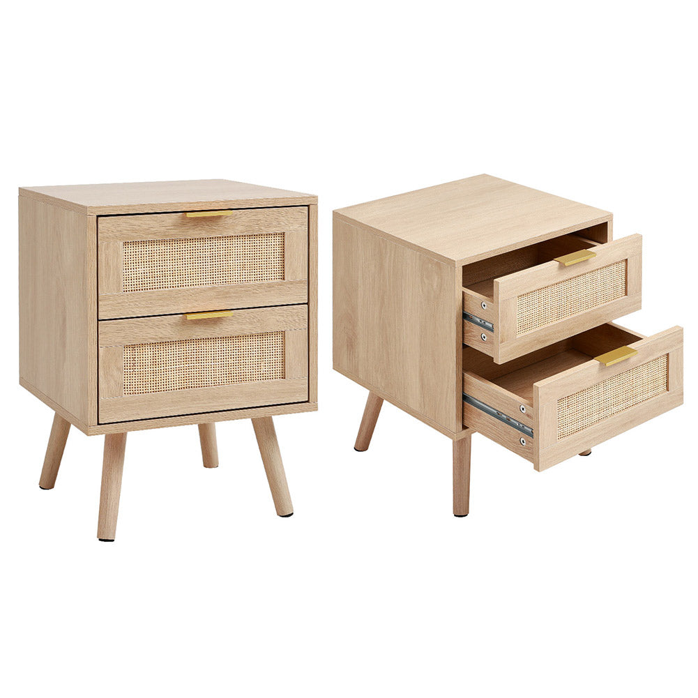 2 Pack Wood and Rattan Side Cabinet