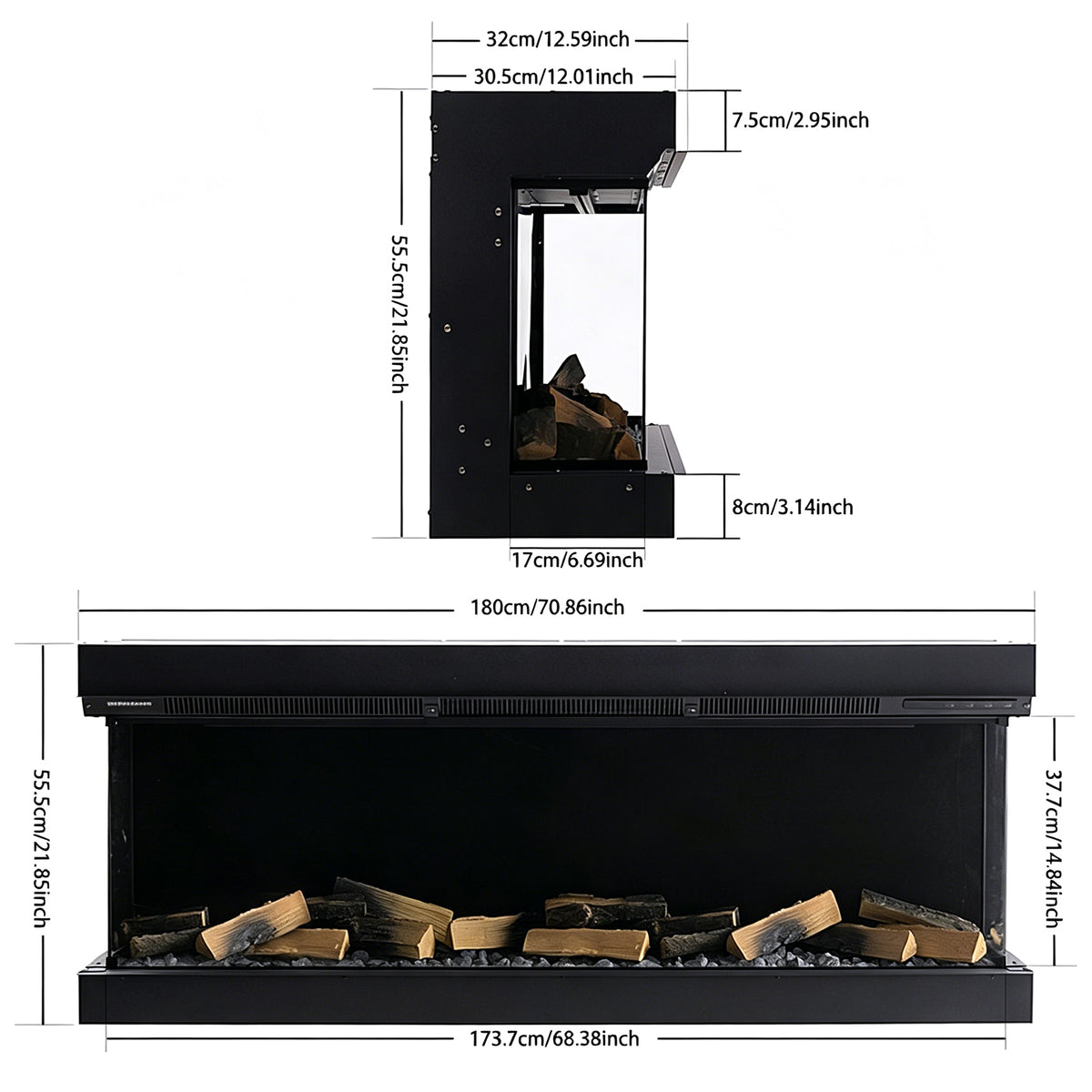 60/70 Inch 3-Sided Smart Electric Fireplace