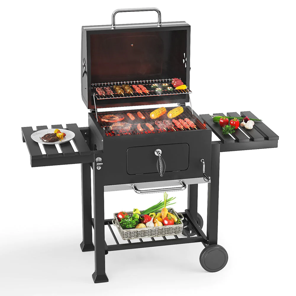 138CM Wide Charcoal BBQ Grill with Side Shelves