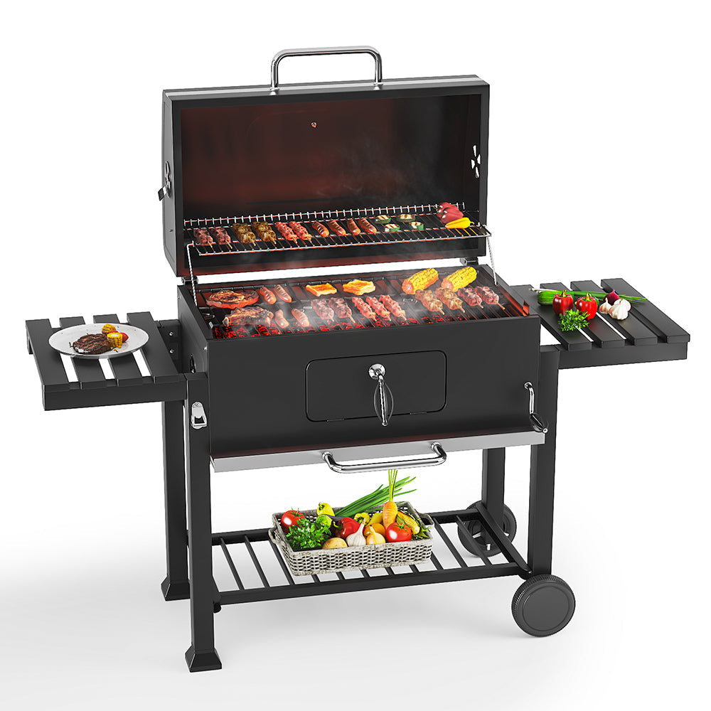 Barrel Charcoal Grill Wide 160cm with Side Shelves Garden BBQ Grill   